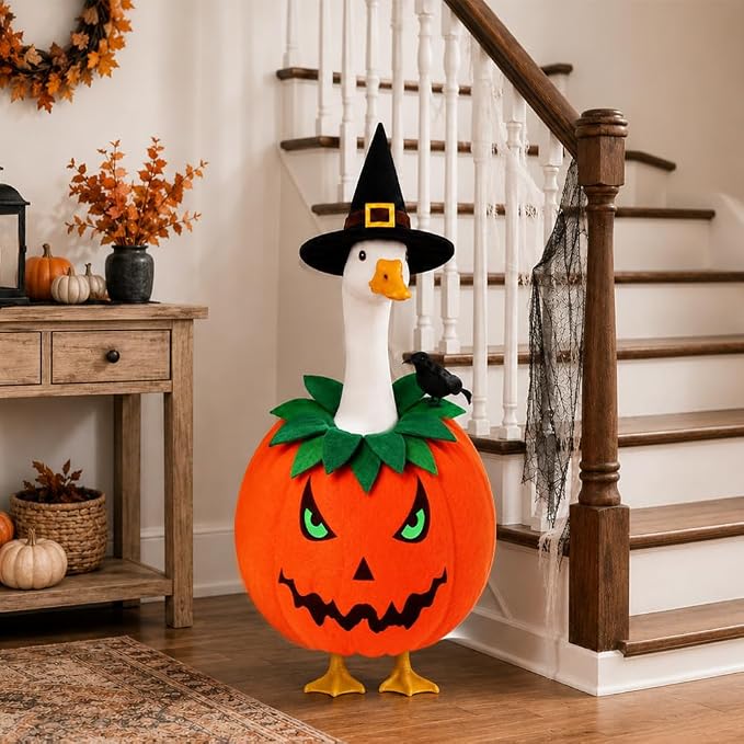 Celltestria Halloween Porch Goose Outfit Pumpkin Goose Clothes Fall Thanksgiving Crow Goose Costume for 23" Geese Autumn Holiday Outdoor Patio Yard Lawn Decoration
