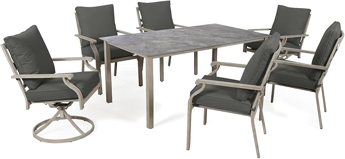 7-Piece Patio Dining Set, Grey Food-Grade Sintered Stone Dining Table with Umbrella Hole, 4 Dining Chairs and 2 Swivel Chairs with Grey Removable Thickened Cushions for Garden Lawn Yard