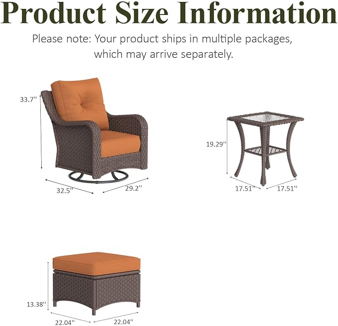 LayinSun 5 Piece Wicker Outdoor Furniture Set with 6-inch Comfy Cushions, High Back Patio Furniture Set with Swivel Rocking Chairs and Side Table