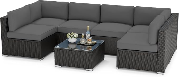 Betterland 7 Piece Outdoor Sectional Sofa Patio Furniture Set, All-Weather PE Rattan Wicker Patio Conversation Set with Washable Cushion and Glass Table(Grey)