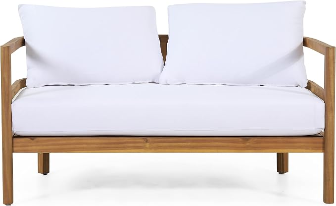 Christopher Knight Home Molly 5-Piece Patio Furniture Set, Solid Wood Outdoor Conversation Set with Coffee Table, Outdoor Sofa Set with Loveseat, Club Chairs And 3-Seater Sofa for Backyard, Teak+White