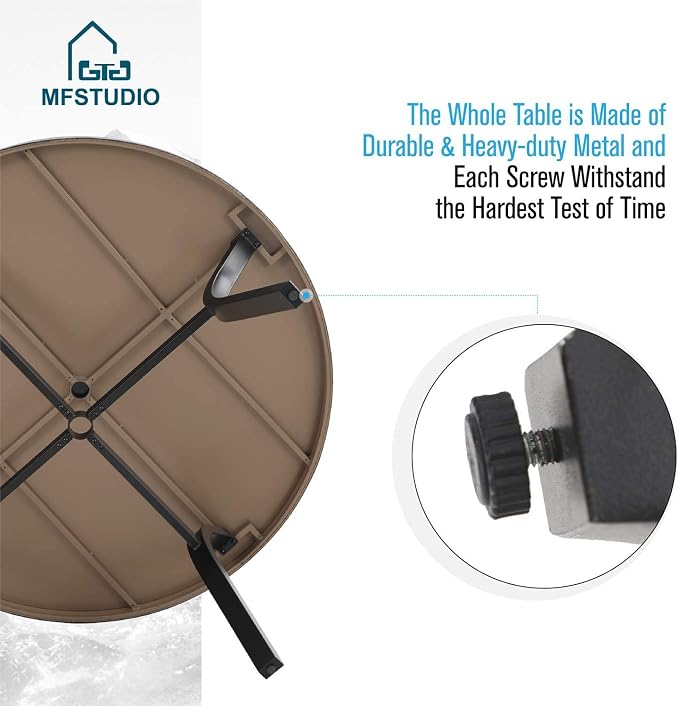 MFSTUDIO 44" Outdoor Round Dining Table with 2” Umbrella Hole, Patio Metal Dining Table with Wood-Like Texture Surface for Backyard, Garden, Lawn