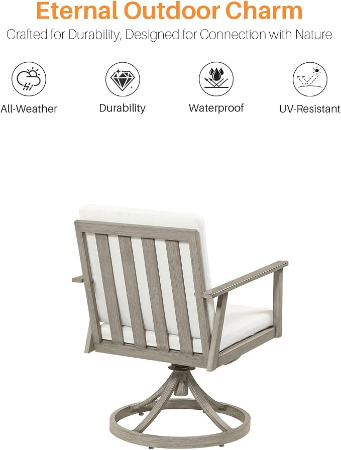 7 Pieces Outdoor Dining Set, Never-Rust Aluminum Patio Swivel Dining Set with Umbrella Hole, 360° Rotation Outdoor Patio Furniture Set, 6 Swivel Chairs and Table for Garden, Pool, Limed Oak