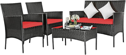 DORTALA Wicker Patio Furniture Set 4 Piece, Rattan Outdoor Table and Chairs Set with Loveseat, Cushions, All Weather Balcony Conversation Sofa Set for Porch, Backyard, Deck, Red
