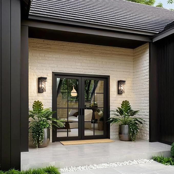 Modern Outdoor Wall Light Exterior Sconce with Dusk to Dawn | Black,Water Seeded Glass,Open Bottom,Outside Porch Lighting Fixture,E26