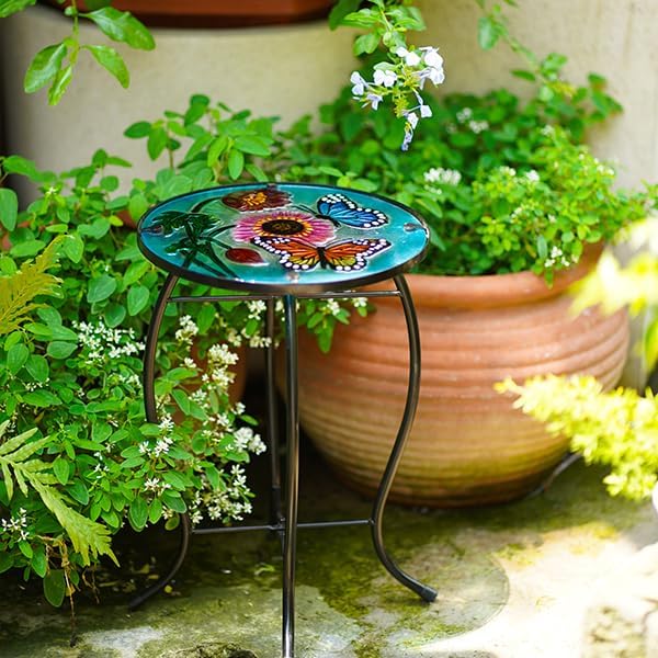 10 Inch Round Butterfly Glass Side Table, Patio Small Table, Outdoor Side Table, Outdoor Bar Table, Metal Glass End Table for Porch Garden Patio Pool Living Room