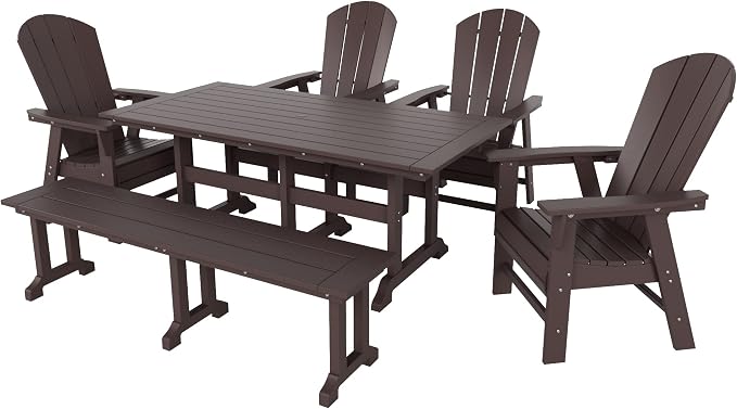 WestinTrends Malibu 6 Piece Adirondack Patio Dining Set with Bench, All Weather Poly Lumber Outdoor Table and Chairs, 71" Trestle Dining Table, 4 Adirondack Chair with Dining Bench, Dark Brown