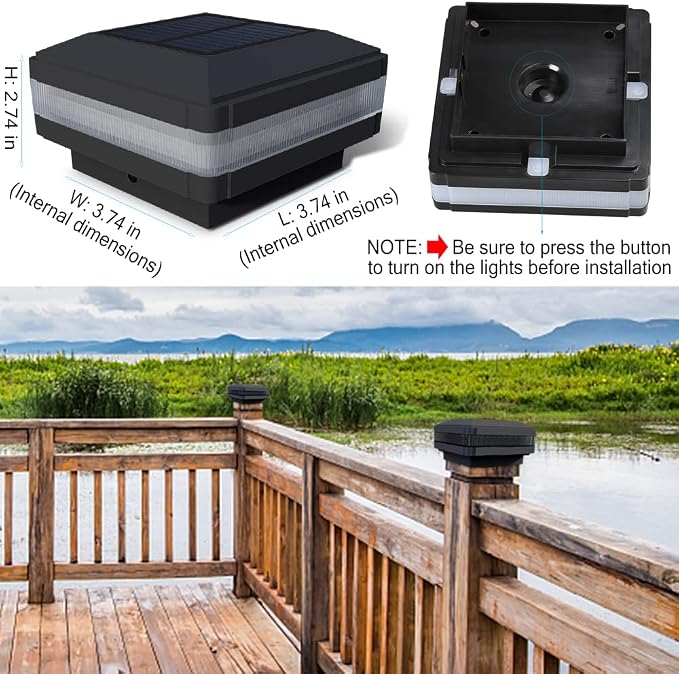 Solar Post Cap Lights Outdoor, 52 LEDs 160LM 6000K Cool White, 4 Pack Black | IP65 Waterproof Fence Post Lights, Compatible with 4x4 5x5 Wooden Posts, Fit for Patio Garden Yard Porch