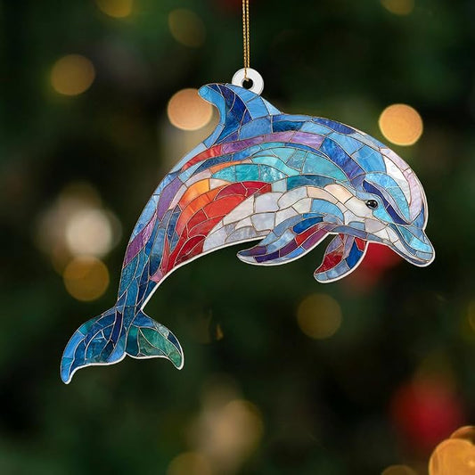 Dolphin Stained Glass Ornament, Ocean Marine Life Window Hanging Suncatcher Acrylic Decor, Nautical Animal Ornament for Home, Car Mirror, Beach House, Collectible Gift for Dolphin Lovers(Sun-08)