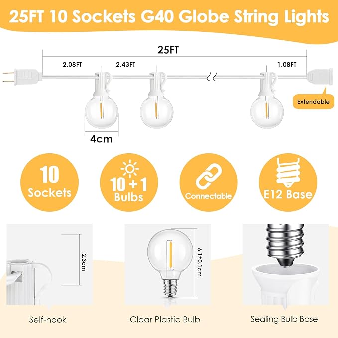 2 Pack 25FT G40 LED Outdoor String Lights with 10+1 Bulbs, White | Waterproof, Shatterproof, Dimmable, Connectable, Energy-saving, Patio Lights Porch Balcony Backyard Party Classroom Decor