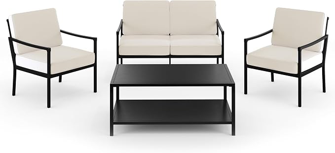 Martha Stewart Lily Pond 4-Piece All-Weather Conversation Set with Patio Loveseat, 2 Accent Chairs, and Coffee Table with Steel Frames in Black with Cream Cushions