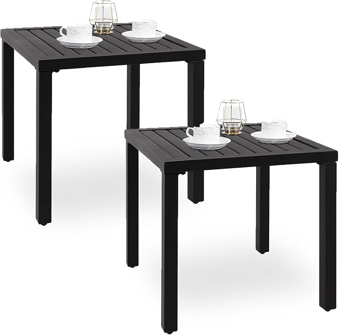 PHI VILLA Outdoor Patio Side Table Set of 2, 19" Small Black Metal Square End Table, Outside Coffee Bistro Table for Porch, Deck, Balcony, Indoor
