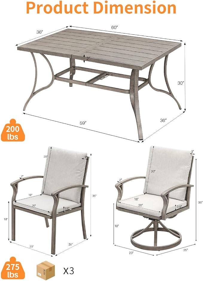 7-Piece Outdoor Dining Set, Never-Rust Aluminum Patio Dining Set, Patio Table Furniture Sets with Cushions, 4 Dining Chairs, and 2 Swivel Chairs for Deck, Garden, Backyard, Limed Oak