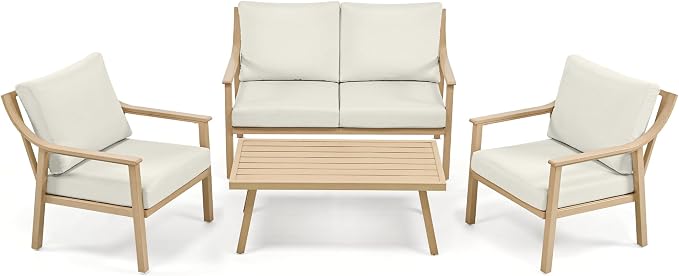 HAPPATIO 4-Piece Patio Furniture Set - Outdoor Aluminum Patio Conversation Set Includes 1 Loveseat, 2 Armchairs, and 1 Coffee Table, Perfect for Porch, Deck, Garden, (Beige)
