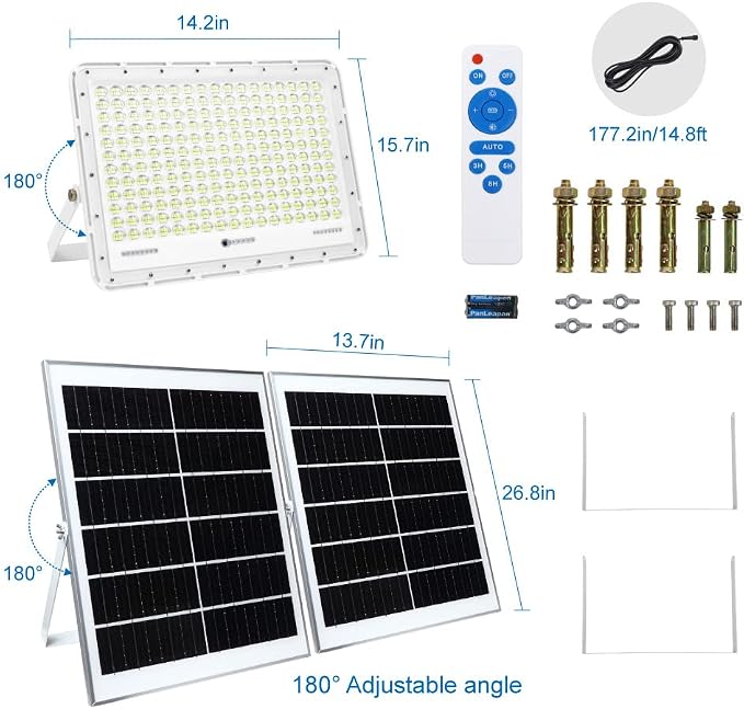TINSUM 500W Solar Led Flood Lights Outdoor, 28000 Lumens Solar Security Street Lights Dusk to Dawn 1920LED with Remote White Led for Parking Lot,Stadium,Yard,Swimming Pool, Pathway,Flag Pole,Driveway