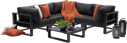 7 Pieces Patio Furniture Set Outdoor Aluminum Sectional Sofa Couch with Square Coffee Table All-Weather Conversation Set with Upgraded Dark Grey Cushions