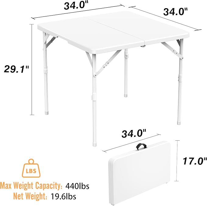 Allpop 34'' Square Folding Card Table, Fold-in-Half Portable Plastic Dining Table with Carry Handle & 2 Heights for Picnic Party Commercial Events, White
