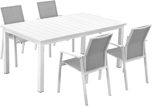 Wisteria Lane Outdoor Patio Dining Set, 5 Piece Aluminum Modern Outdoor Table and Chairs Set for 4, Metal Expandable Patio Table & 4 Stackable Textilene Chairs for Balcony Deck Backyard, White