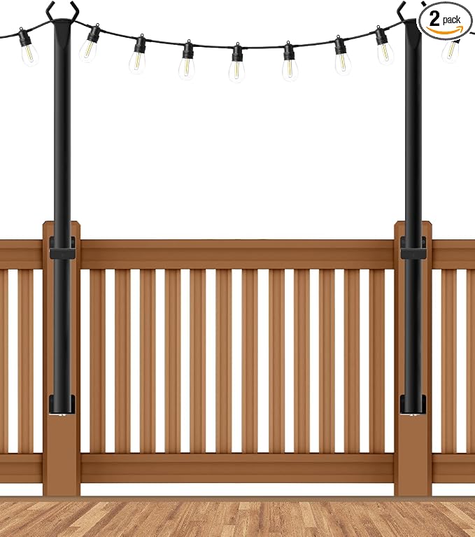 AHRLHR 2 Pack String Light Poles,4 Ft String Light Poles for Outside with Fixing Clips,Metal Poles for Outdoor String Lights, Hanging Light Poles for Deck Fence Garden Backyard Wall Bistro