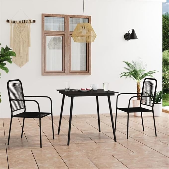 Afuera Living 3-Piece Patio Dining Set, Cotton Rope and Powder-Coated Steel, Black Finish, Tempered Glass Top, 31.5 x 31.5 x 29.1 in, Modern Indoor/Outdoor Design, Includes 2 Chairs and Square Table