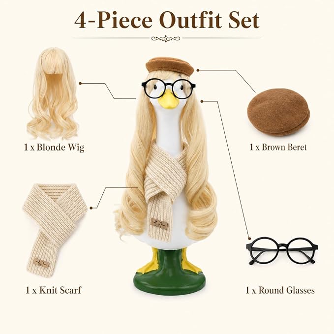 Back to School Bookish Porch Goose Outfit with Goose Blonde Wig 1 Pack Fall Academia Preppy Porch Goose Accessories for 17" & 23" Lawn Goose Statues