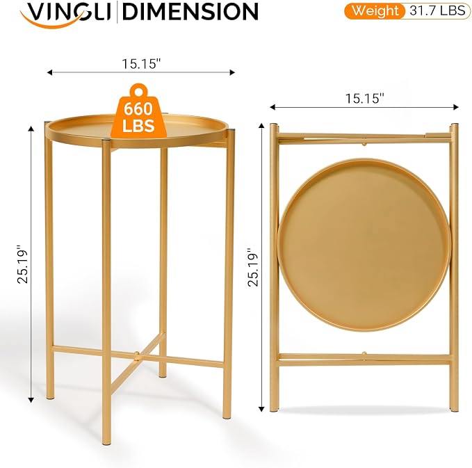 VINGLI Round Metal Side Table with Removable Tray, Outdoor Patio Coffee Table, Waterproof End Table for Small Spaces, Outdoor Patio, Living Room, Bedroom, Balcony (X-Brace & Non-Slip Pads) (2, Gold)