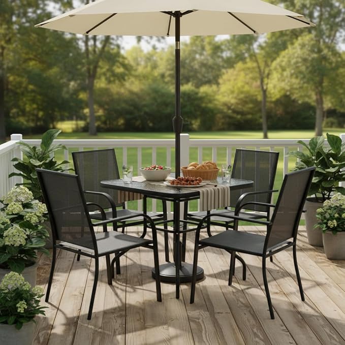 Tangkula 32-Inch Square Patio Dining Table with Tempered Glass Top, Metal Frame Outdoor Bistro Table with Umbrella Hole, Outside Table for Garden Poolside Balcony Yard