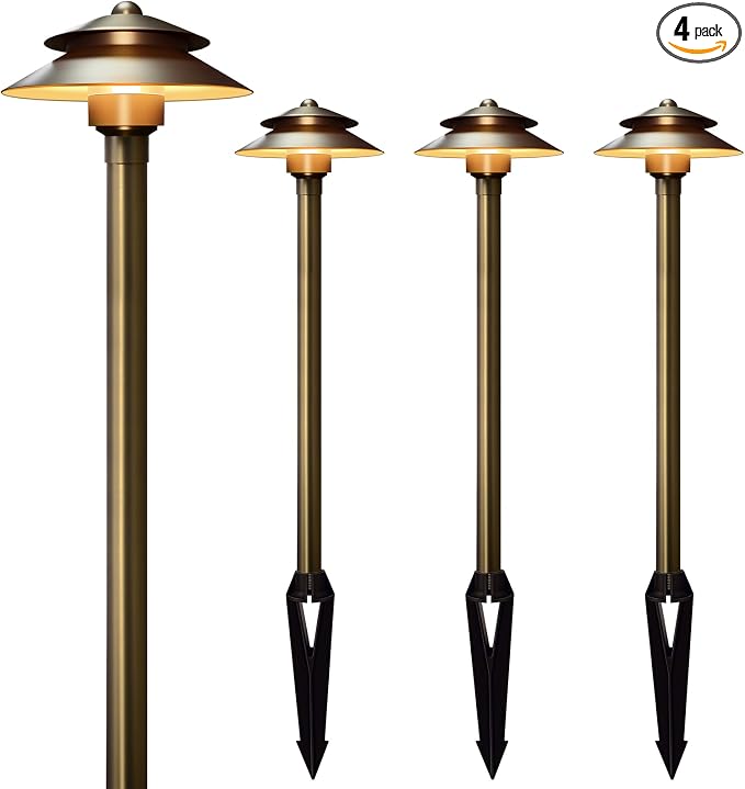 Solid Brass Low Voltage Landscape Pathway Lights (6'' Shade, 19'' Tall), 12V LED Heavy Duty Path Lighting Outdoor Wired, Waterproof Antique Bronze Walkway Light Without G4 Bulb, 4 Pack