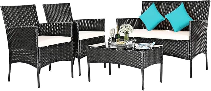 COSTZON HOMGX 4 Pieces Patio Furniture Set, Rattan Wicker Conversation Set w/Tempered Glass Top Table & 3 Cushioned Porch Chairs, Outdoor Wicker Sofa Set for Backyard, Garden, Poolside (Beige)