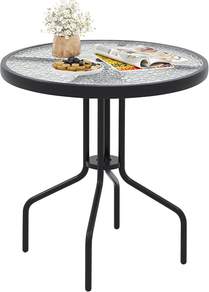 Giantex 27.5" Outdoor Bistro Table, Patio Round Dining Table w/Tempered Glass Tabletop & 1.57" Umbrella Hole, Heavy-Duty Metal Frame for Garden Yard Poolside Porch (27.5"x27.5"x28")