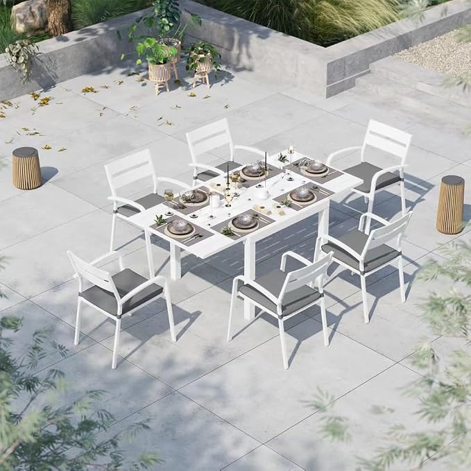Soleil Jardin Aluminum Patio Extendable Dining Table, 35" - 71", Adjustable Indoor Outdoor Furniture Rectangle Table for 4-6 Person Porch Deck Garden, White