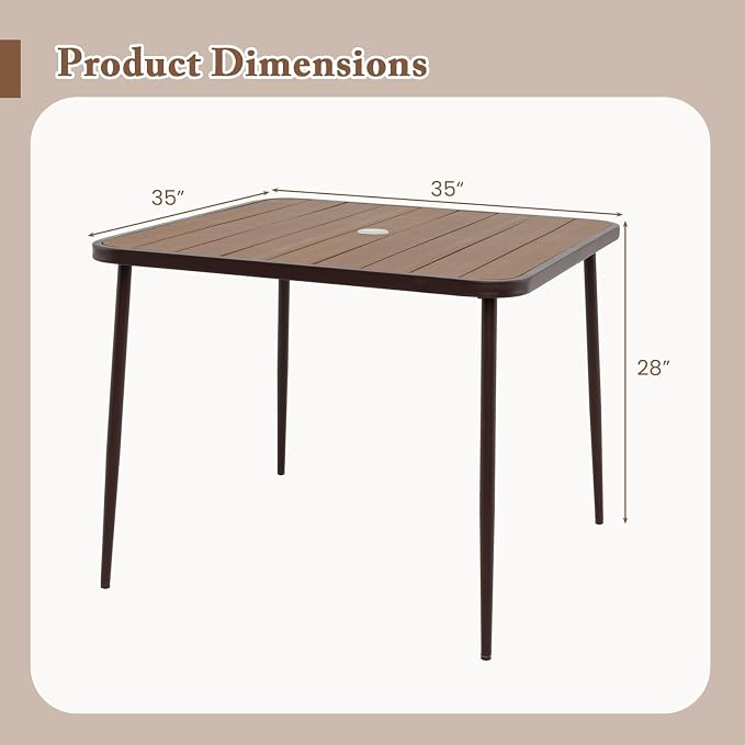 Tangkula 35-Inch Square Patio Dining Table, 4-Person Outdoor Dining Table with 2" Umbrella Hole, Wood-Plastic Tabletop & Metal Legs, Outside Table Bistro Table for Deck, Backyard, Garden, Poolside