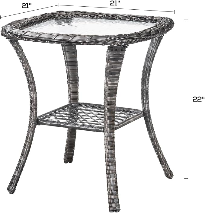 Outdoor Side Table Patio Tables - Wicker Coffee Table with Glass Top and 2-Shelf Storage Rattan End Table Square for Outdoor Patio Porch Deck Balcony Garden(Mixed Grey/Glass Top)