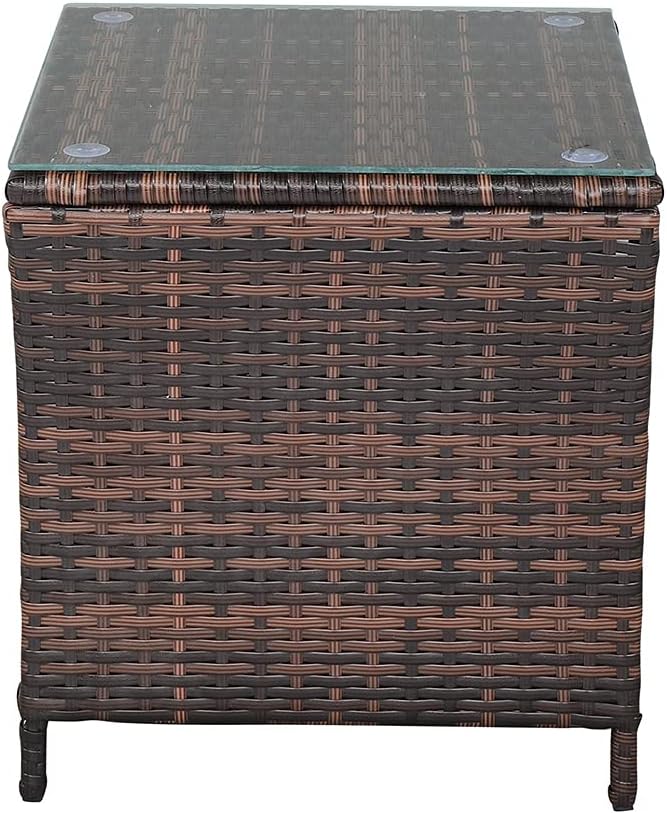 Patio Wicker Rattan Side Table Outdoor Courtyard Coffee Bistro Glass Table with Storage