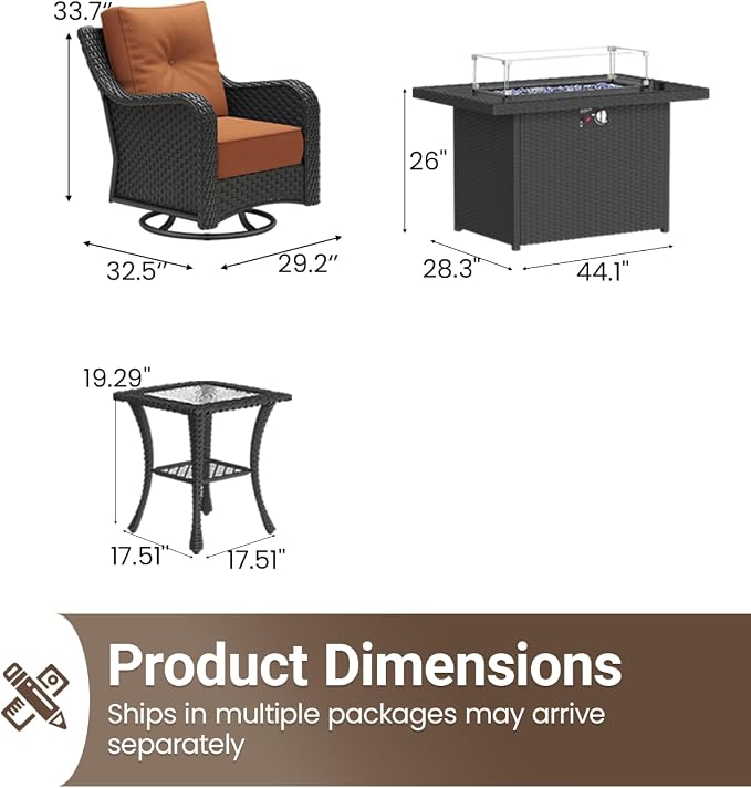 7 Pieces Outdoor Furniture Set with 6-inch Cushions, High Back Wicker Swivel Rocker Chairs with Fire Pit Table, Luxury Conversation Set for Deck Patio and Poolside