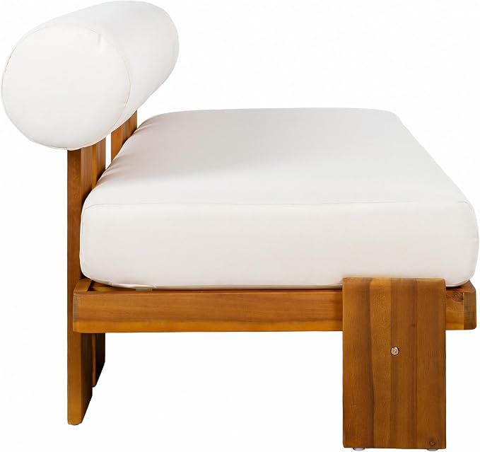 Merax 2 Piece Patio Loveseat & Coffee Table Set with Acacia Wood Frame, Waterproof Cushions & Round Backrest for Garden, Deck & Balcony, Beige+Teak