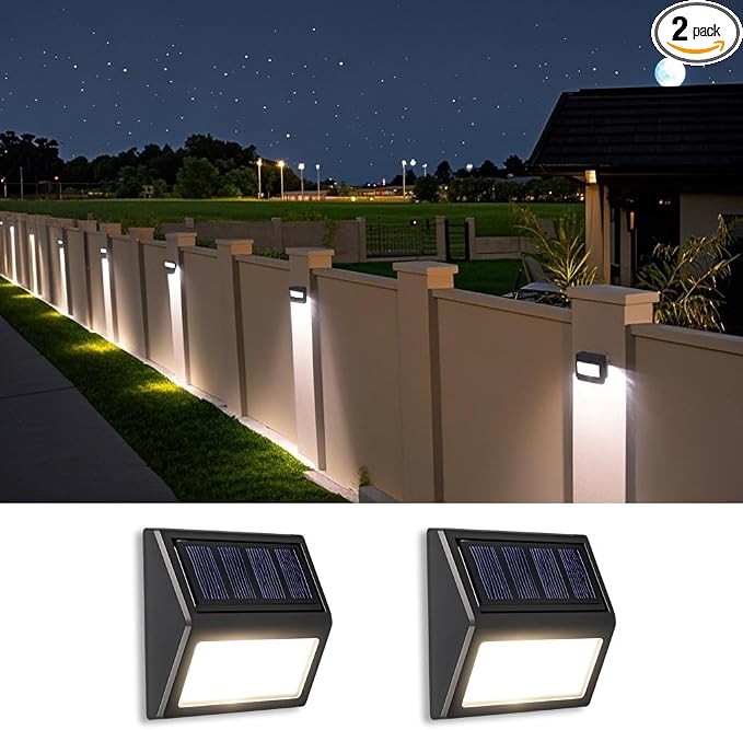 Solar Lights Outdoor, Waterproof Solar Powered Deck Step Lights for Patio Garden Backyard Garage Driveway Pathway Outside Wall Lighting (Cool White, 2 Pack)