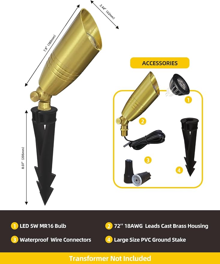 COLOER Die-cast Brass Landscape Spotlight 10-Pack with 5W Aluminum Housing LED MR16 Bulb,12V AC/DC Low Voltage Copper Outdoor Lighting, Directional Garden Patio Spot Up Light (102B Copper Finish)