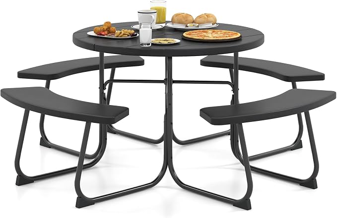 HAPPYGRILL 8-Person Picnic Table Bench Set with Umbrella Hole, 43” Outdoor Dining Table w/4 Benches, Wood-Like Texture Tabletop, Stable U-Shaped Base, Round Table for Backyards, Black