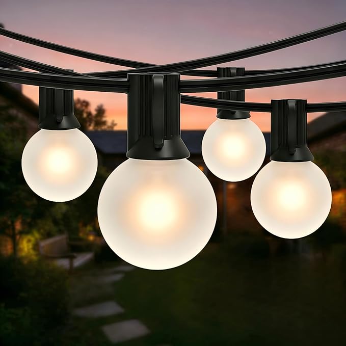 25FT Frosted White Lights G40 Globe Outdoor String Lights Patio Lights with 25 Frosted White Globe Bulbs - Black Wire