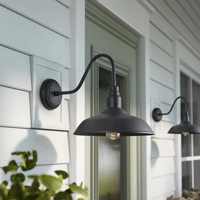 14 Inch Gooseneck Barn Lighting Outdoor Large Exterior Gooseneck Light Fixtures, Matte Black Farmhouse Barn Lights 2 Pack Outside Goose Neck Deck Wall Sconce for House, Garage