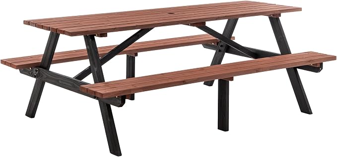 KEIKI 75" Solid Wood Picnic Table Set with Benches, Heavy-Duty Outdoor Dining Table for 6–8 People, Patio Table with Umbrella Hole, Rustic Brown for Backyard, Lawn, 2220lb Capacity, Brown/Black