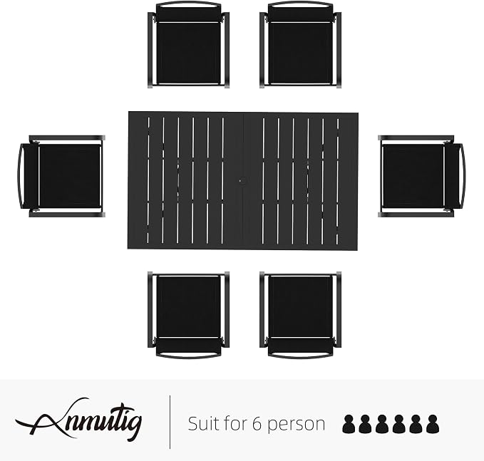Black Stackable Patio Chairs and 63x38" Rectangle Table Outoor Dining Set 7 | 6 Psc Stackable Chairs, Textilene Seat&Back, Metal Table, Slat Table Top, 6 Person Use, 1.57"-1.9" Umbrella Hole, All Weather