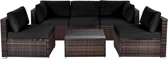 DORTALA 6 Pieces Patio Furniture Set, Outdoor Wicker Conversation Set with Glass Coffee Table, Wicker Sofa Set with Back & Seat Cushions, Rattan Sectional Conversation Couch Set, Black