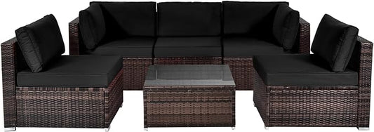 DORTALA 6 Pieces Patio Furniture Set, Outdoor Wicker Conversation Set with Glass Coffee Table, Wicker Sofa Set with Back & Seat Cushions, Rattan Sectional Conversation Couch Set, Black