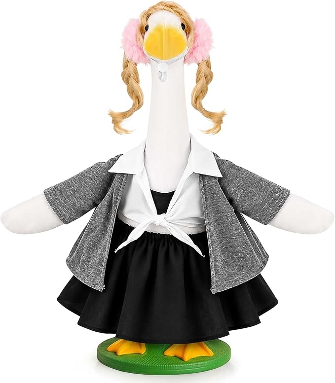 Bolsome Back to School Porch Goose Outfits School Uniform Dress with Pigtails Fits 23" Cement Plastic Goose Statue for Outdoor Garden Lawn Yard Patio Decor