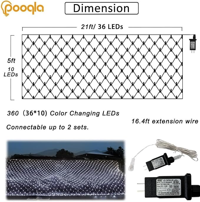 Cool White Net Lights, 21x 5ft Christmas Lights Outdoor Clear Wire | 360 LED Large Net Mesh Lights Plug in, 8 Modes Waterproof Connectable Bushes Lights for Christmas Hedge Yard Decor