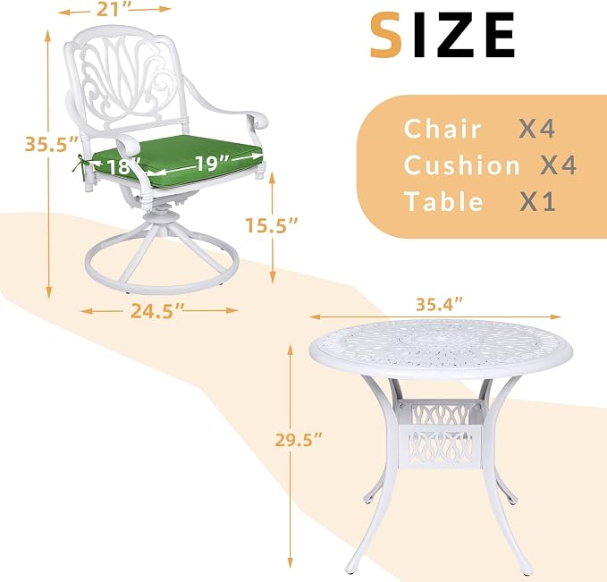 5 Piece Patio Dining Set, Outdoor Table and Chairs Set for 4 Cushioned Swivel Rocking Chairs and 35.4'' Round Table, All-Weather Cast Aluminum Patio Funiture Set, 2'' Umbrella Hole, White