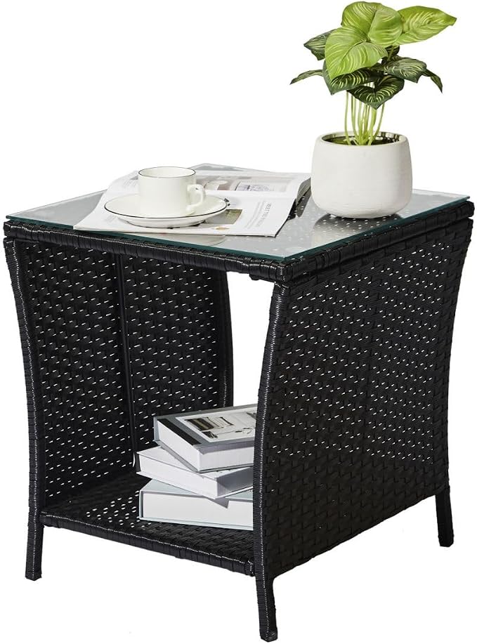 Outdoor Patio Wicker End Table Square Side Bistro Coffee Table with Glass Top Storage Shelf for Garden Lawn Backyard Black