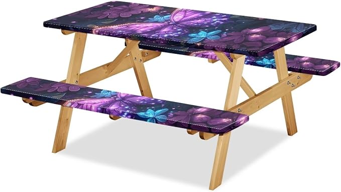 Butterfly Picnic Table Cover with Bench Covers Camping Essentials Outdoor Table and Chairs Decorative Sets Flexible Picnic Table 3 Piece Set Suitable for BBQ Picnic Party Camping